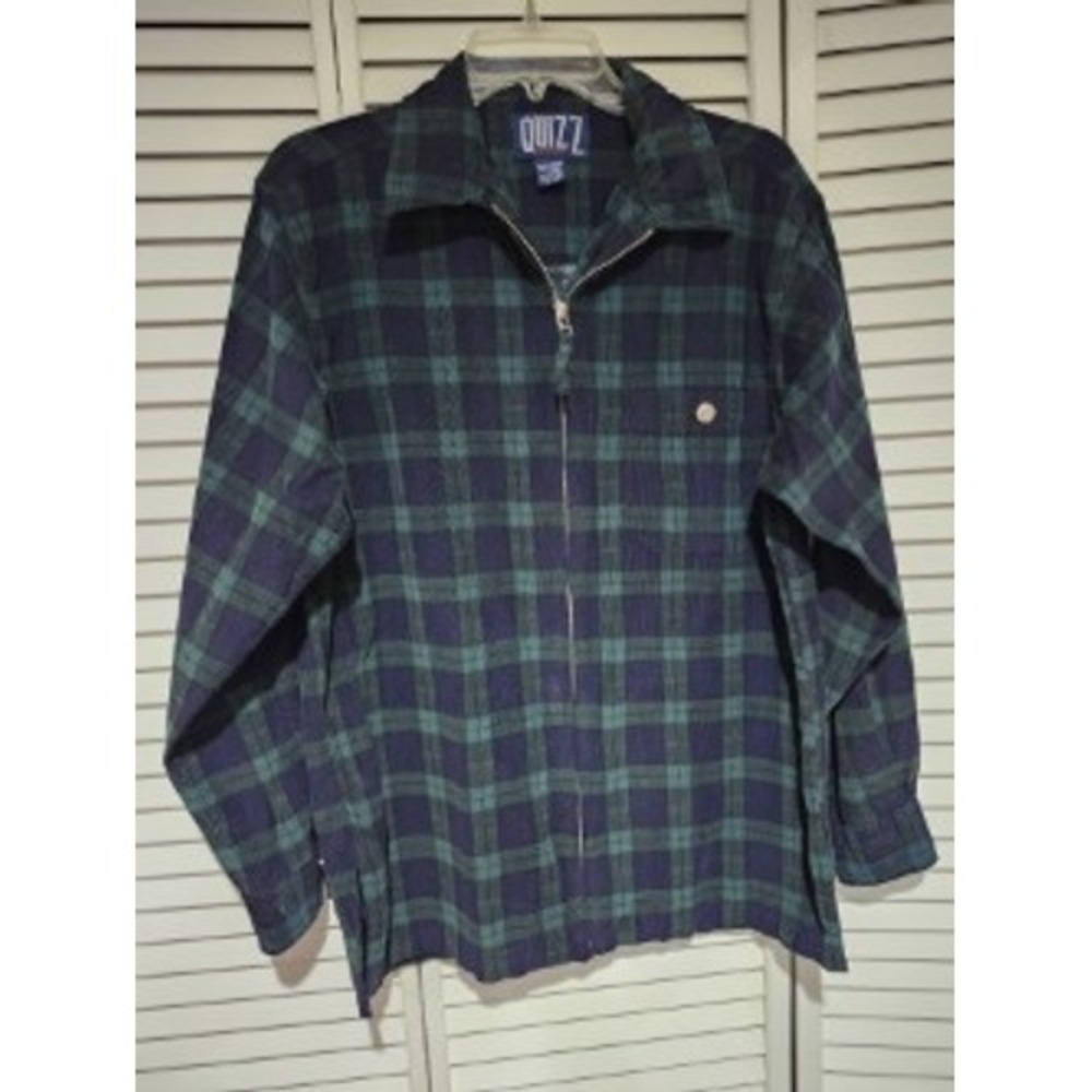 QUIZZ NEW YORK Women's Plaid Zip Up Jacket Blue Green Long Sleeve - M